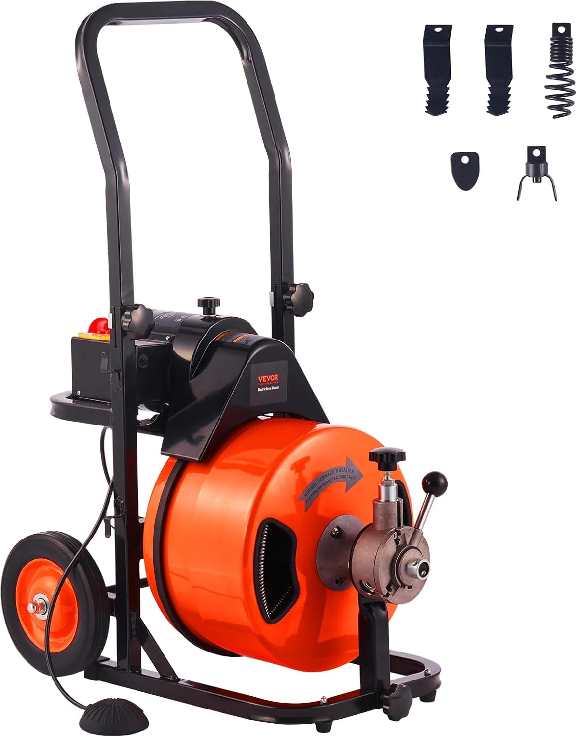 Drain Cleaner Machine 100FT x 1/2Inch, Auto Feed Sewer Snake Auger with 4 Cutter & Air-activated Foot Switch for 1