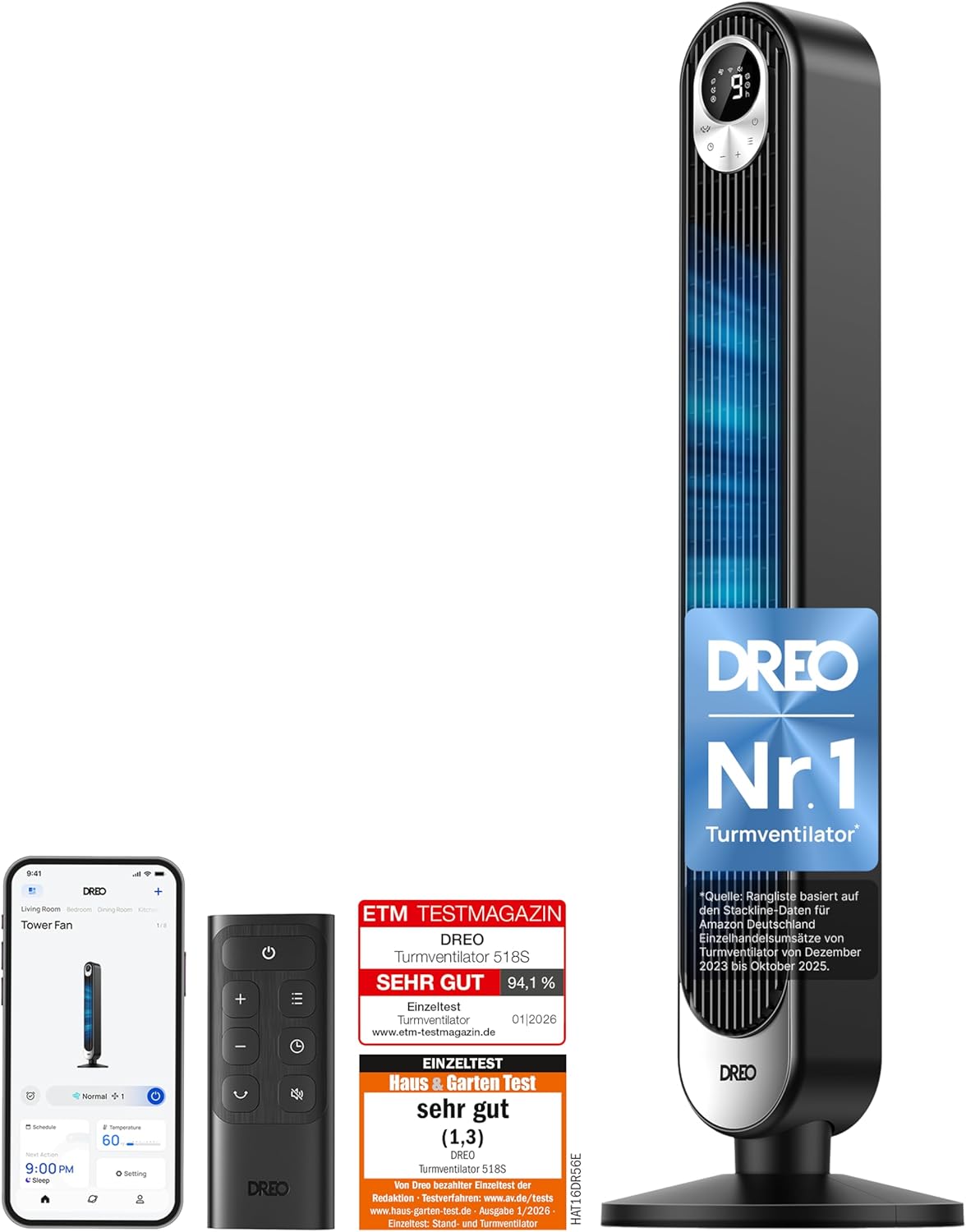 Dreo Smart 20dB DC Motor Turmventilator Leiser, 11M Windentfernung Ventilator mit Fernbedienung,9 Stufen 4 Modi, 90° Oszillierender Standventilator mit Sprachteuerung für Schlafzimmer, 12H Timer