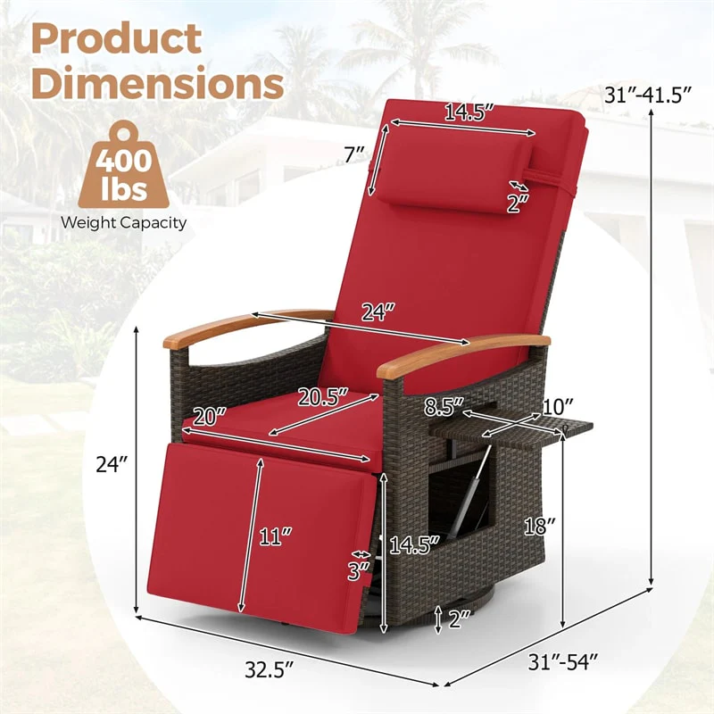 Outdoor Rattan 360° Swivel Recliner Chair, Patio Wicker Chaise Lounge Chair with Adjustable Backrest & Footrest, Flip Side Table & Cushions