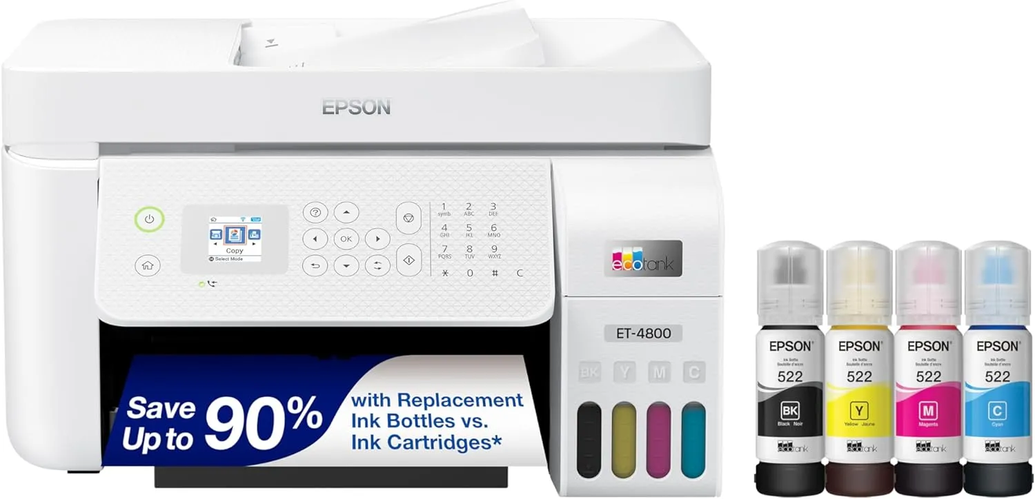 Epson EcoTank ET-4800 vezeték nélküli multifunkciós tintasugaras nyomtató, fehér – patronmentes, szkenner, másoló, fax, ADF, Ethernet, otthoni iroda