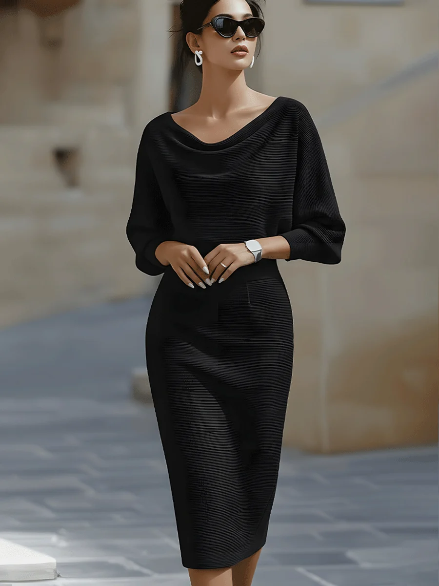 Womena??s Elegant Midi Dress with Batwing Sleeves for Summer Events
