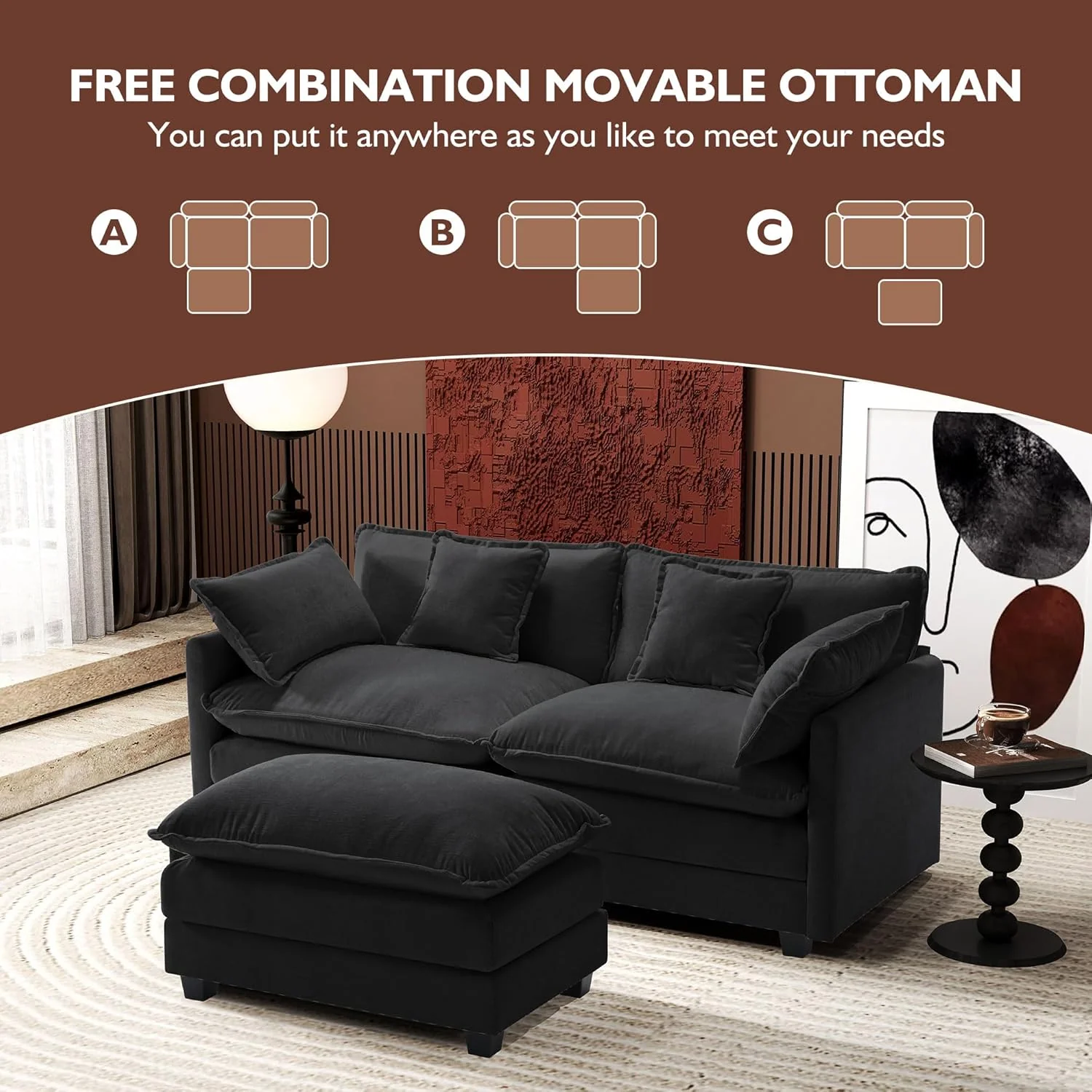 111.4 Inch L-Shaped Modern Sofa Modular Cloud Sofa Ottoman 4-Seater Chenille Deep Seat Sofa
