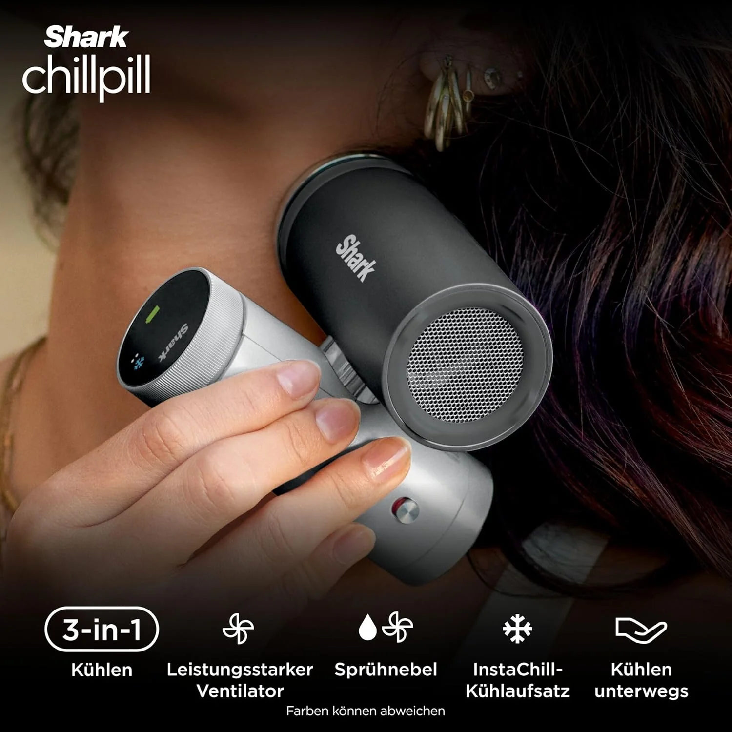 Shark ChillPill 3 az 1-ben nagysebességű kézi ventilátor, párásító és InstaChill rendszer, 3 hűtőfeltéttel, utazásbarát kivitel, világosszürke FA022EULV