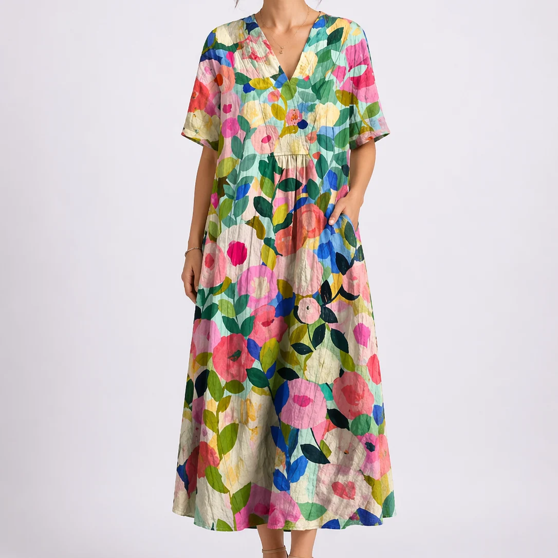 Womena??s Floral Midi Dress V-Neck Short Sleeve Design
