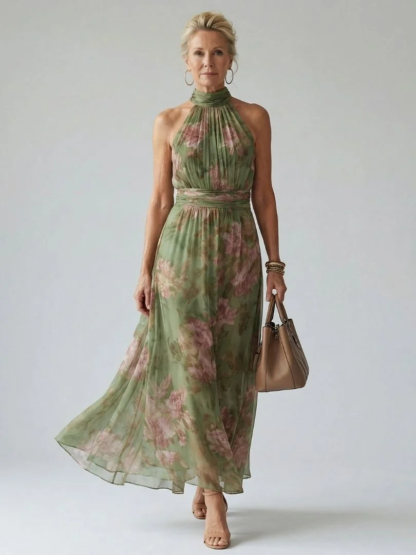 Womena??s Floral Halter Midi Dress Lightweight Summer Style