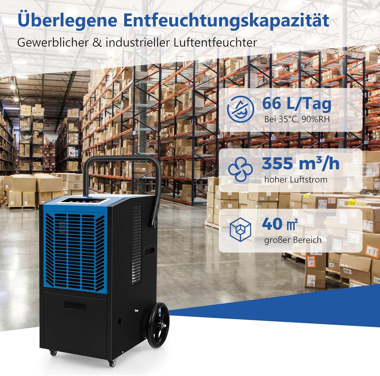 GOPLUS Luftentfeuchter 66 L/Tag, Bautrockner für Lager, Keller, Industrie Trocknungsgerät mit 24H Timer, Ablaufschlauch, Pumpe & Digitalanzeige, Automatische Abschaltung (Blau, 41 x 44 x 81,5 cm)
