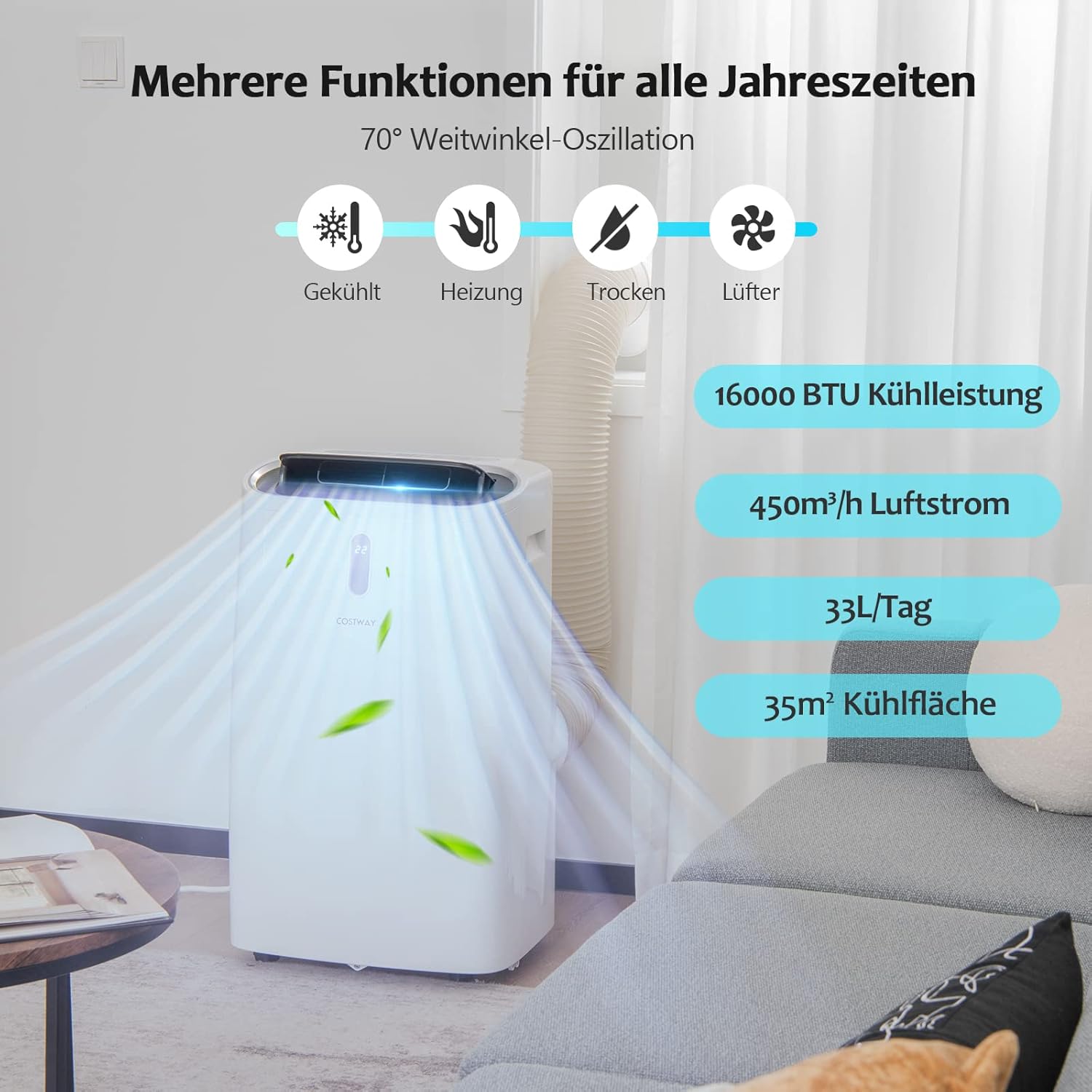 GOPLUS 16000 BTU Klimaanlage mit Abluftschlauch, 5 in 1 mobiles Klimagerät: Kühlen, Heizen, Entfeuchten, Belüften, Schlafmodus | für Raumgröße bis 30㎡ | 24H-Timer | App/Fernbedienung (16000 BTU)