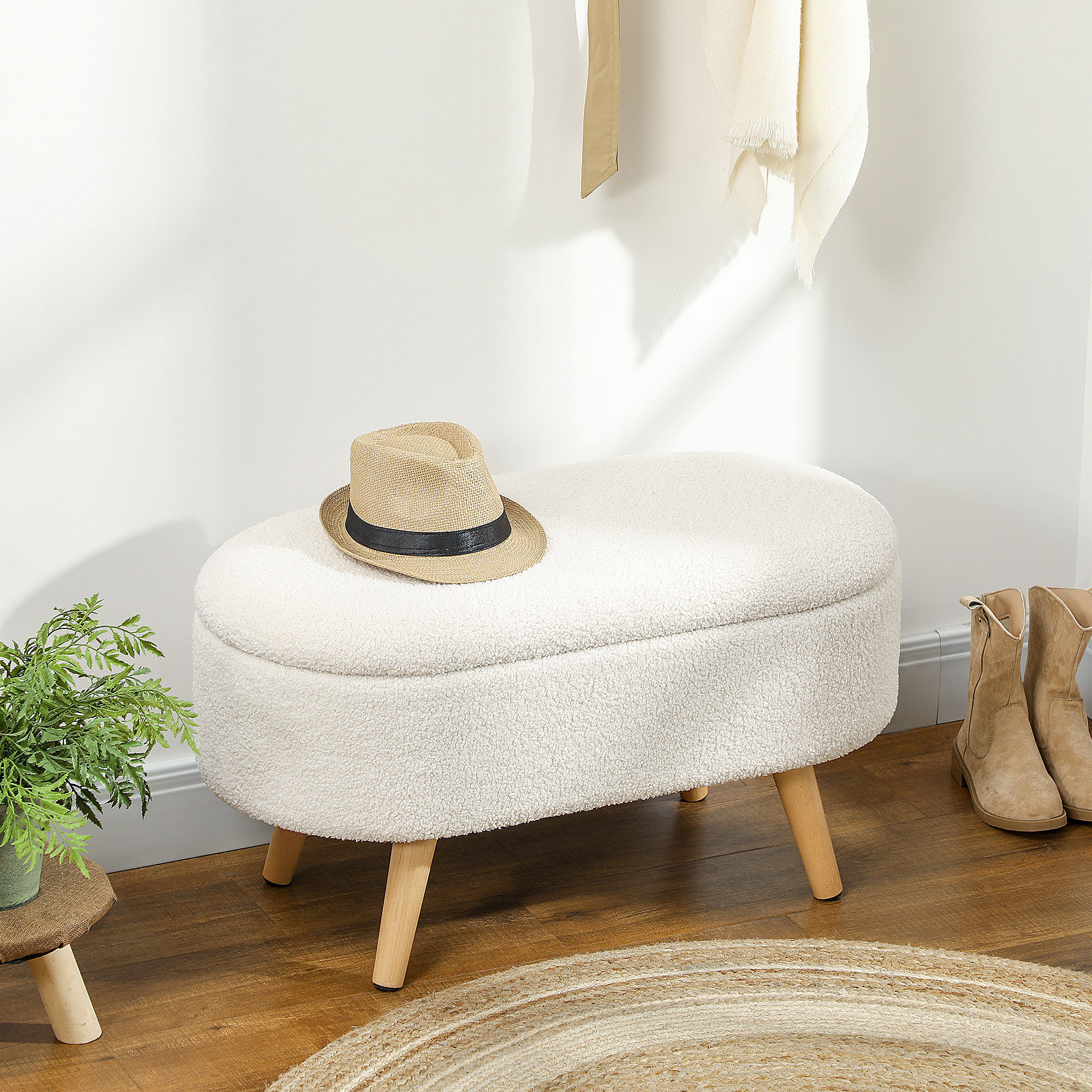 HOMCOM Zitbank met Opbergruimte en Deksel, Voethocker voor Hal, Woonkamer, Slaapkamer, Hout, Stoffen Bekleding, Wit