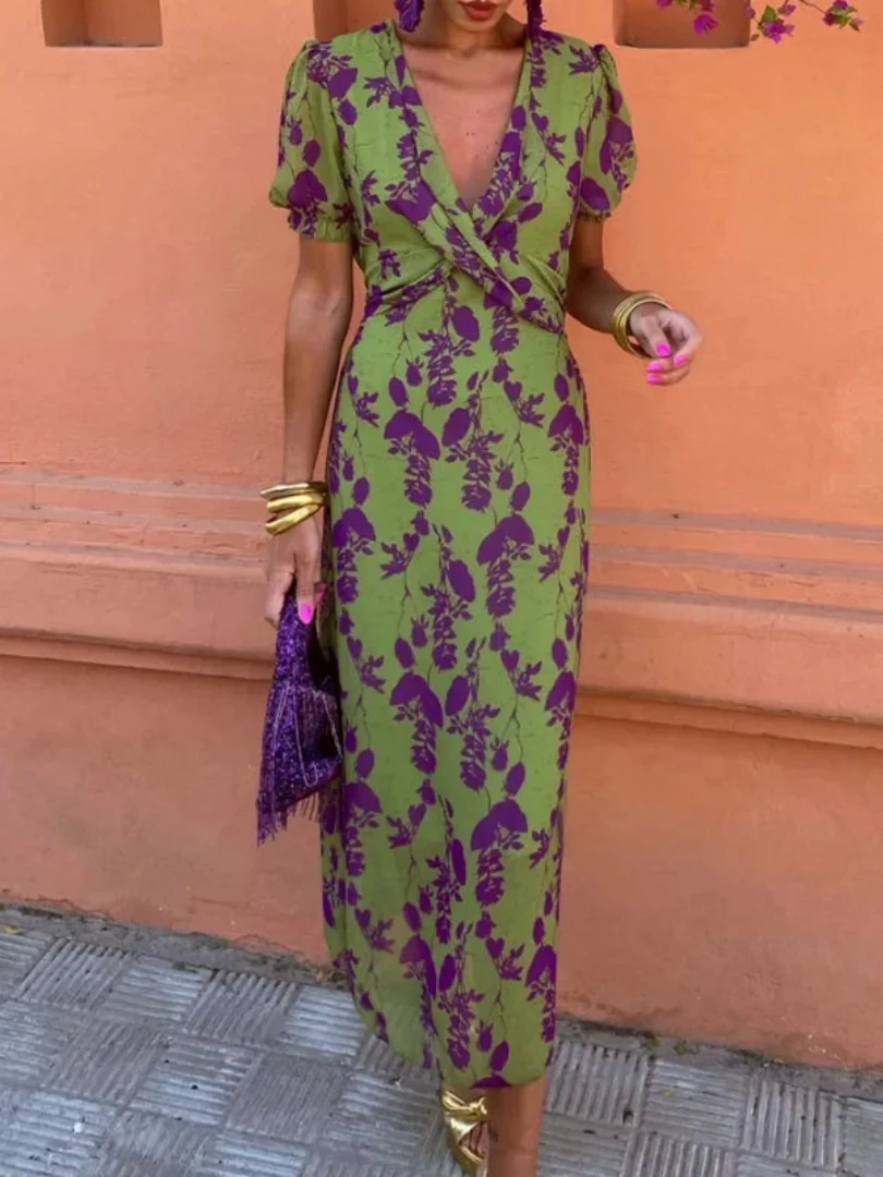Womena??s Floral Midi Dress Lightweight V Neck Short Sleeve Design
