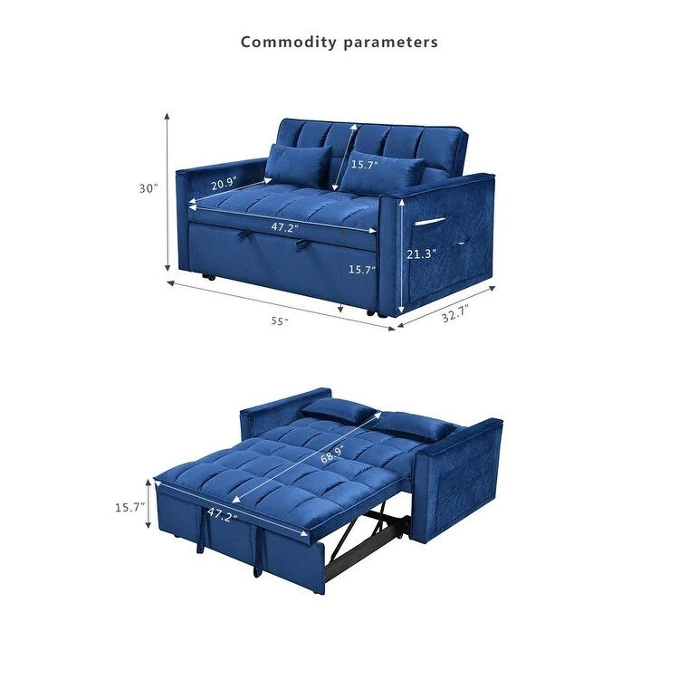 Modern Velvet Loveseat Futon Sofa Couch Pullout Bed, Small Love Seat Lounge Sofa w/Reclining Backrest, Toss Pillows, Pockets