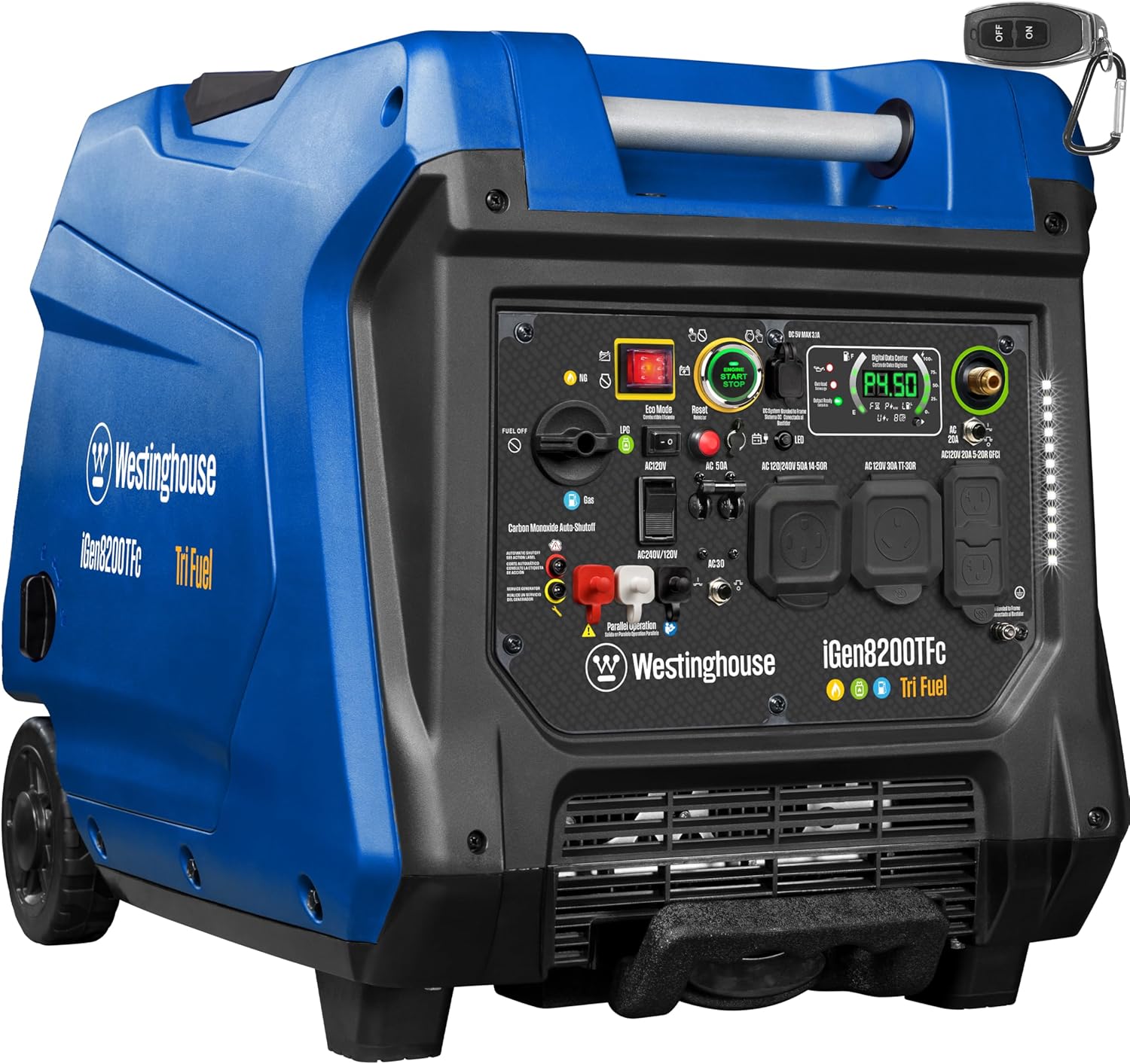 Westinghouse 8200 Peak Watt Tri-Fuel Portable Inverter Generator  Remote Electric Start  Transfer Switch Ready  Gas  Propane  Natural Gas  Low THD  Safe for Electronics  Parallel Capable  CO Sensor