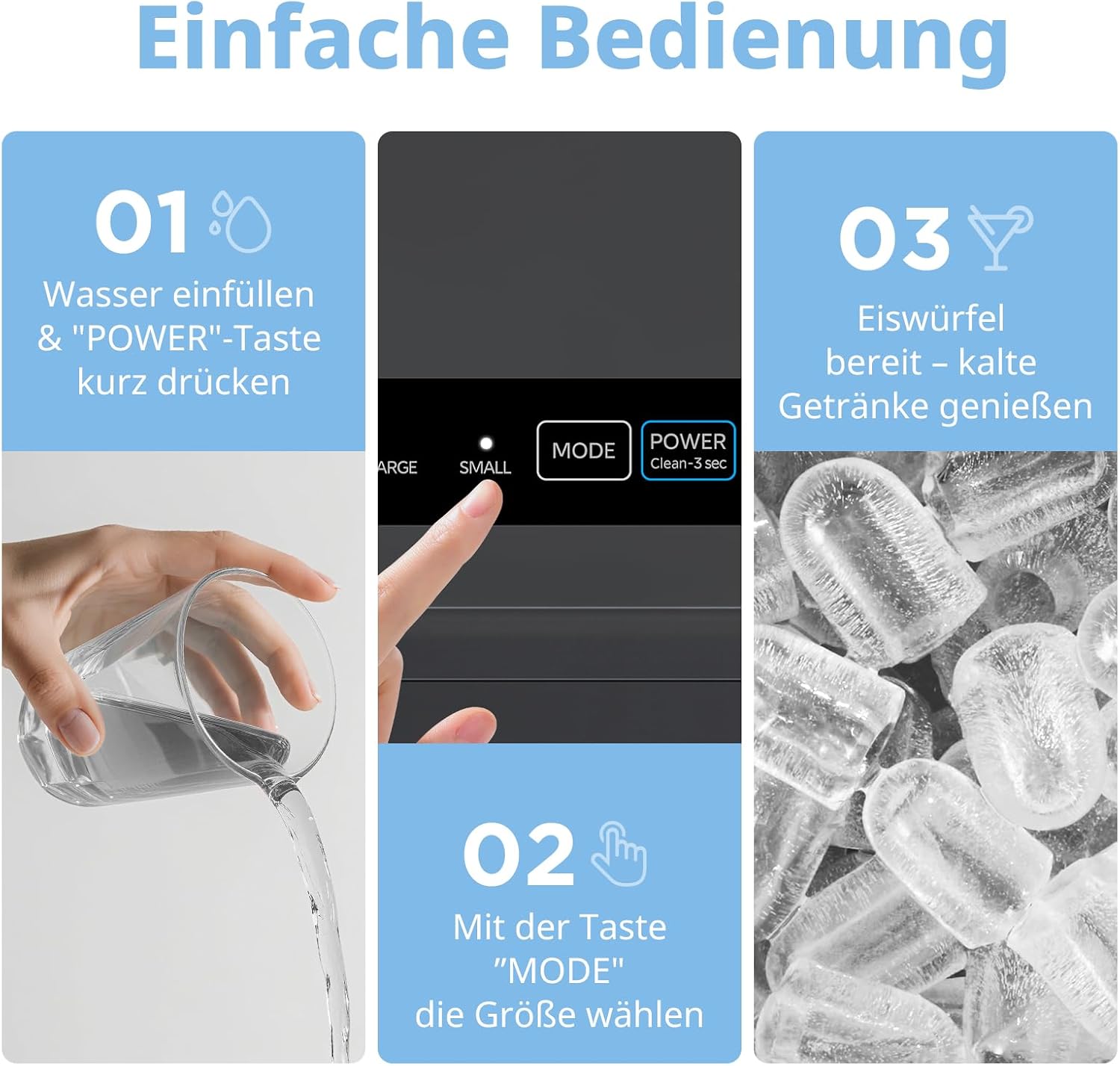 Comfee' RCI12BL1EU(E) Eiswürfelmaschine, 8 Eiswürfel in 6 Min.,12 kg/24 Std.,1,3L Wassertank, Selbstreinigungsfunktion, Kompakter Bullet Ice Maker, inkl.Eisschaufel & Korb für Zuhause– Schwarz