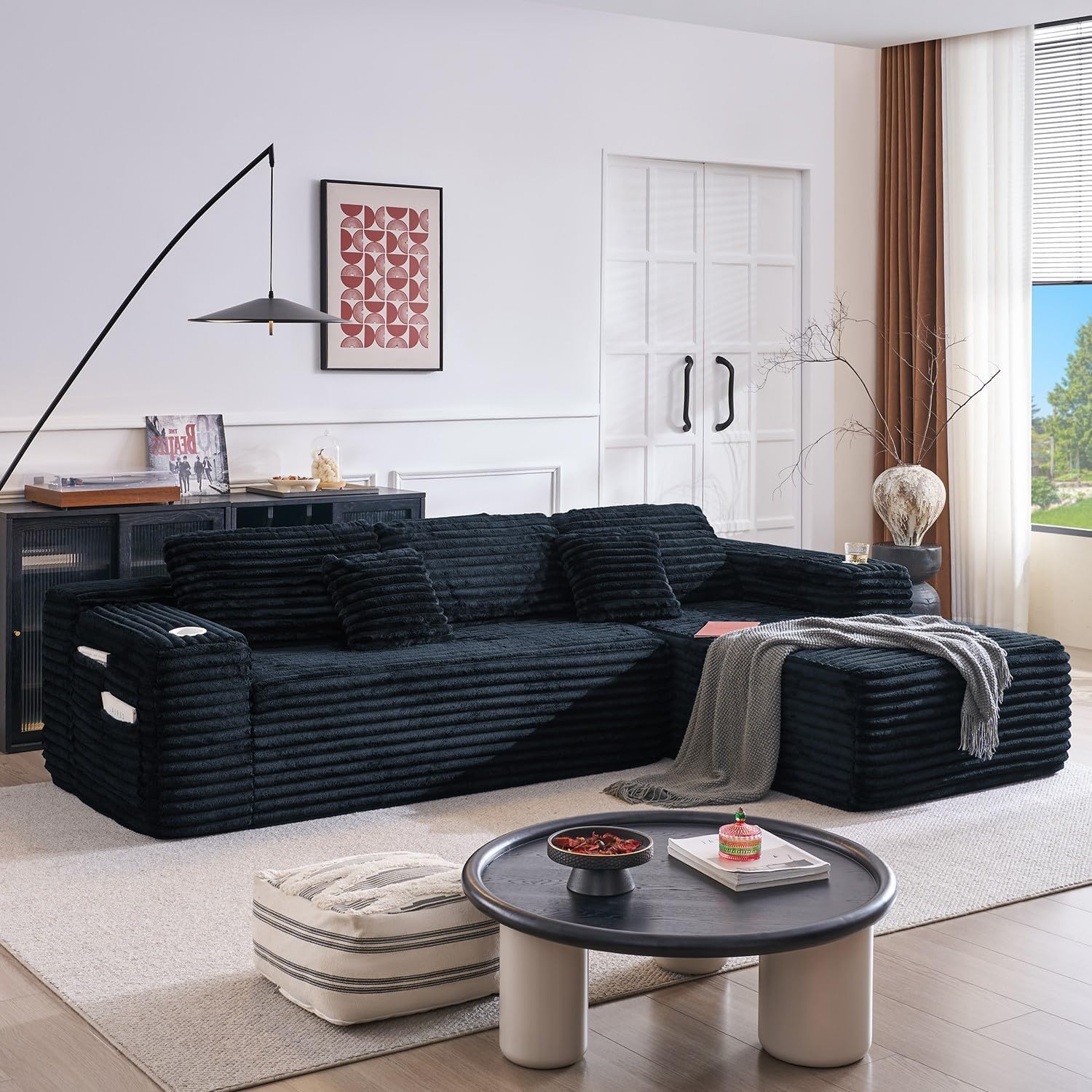 Cloud section sofa with L-shaped recliner modern modular sofa built-in cup holder