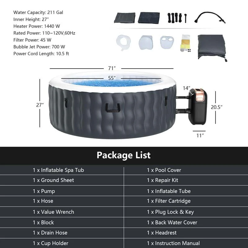Eletriclife 4 Person Inflatable Hot Tub Spa with 108 Massage Bubble Jets
