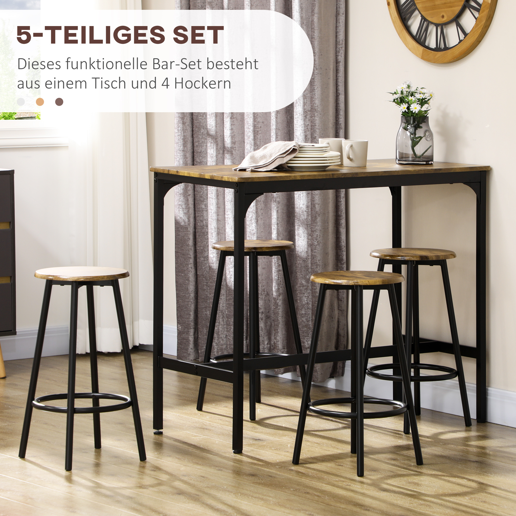 HOMCOM 5-delig. Bartafelset met industrieel design, 1 bartafel, 4 barkrukken, bankstel, aanrecht, zwart+bruin
