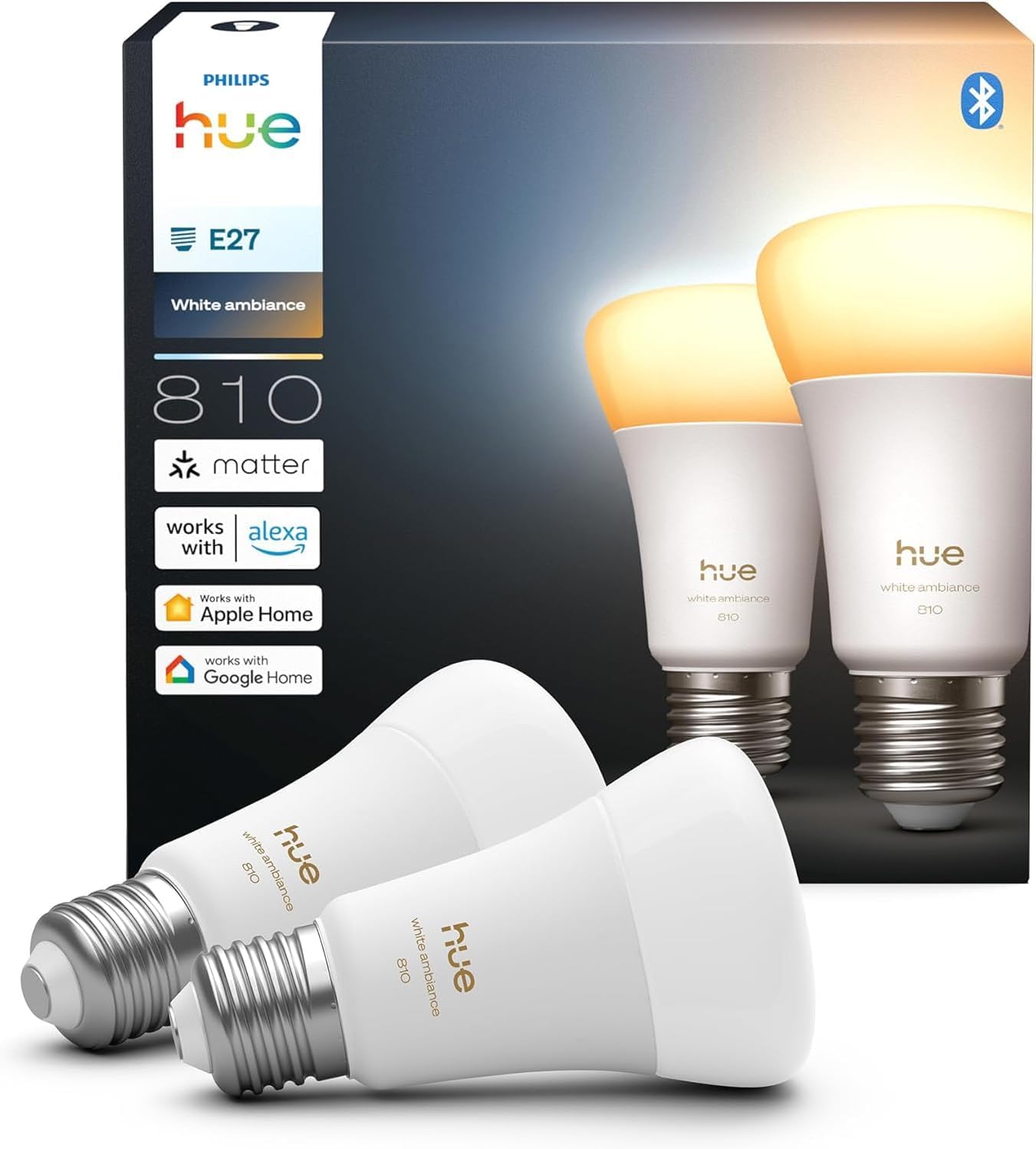 Hue Bundle – 4 x Doppelpackungen White Ambiance 810 A60 E27 Smart-Leuchtmittel (8 Glühbirnen), dimmbare LED, warmes bis kühles Licht, App- und Sprachsteuerung, funktioniert mit Alexa, Google