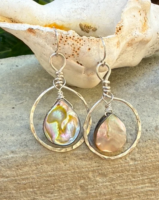 Beach Girl Abalone Hoop Earrings - Silver