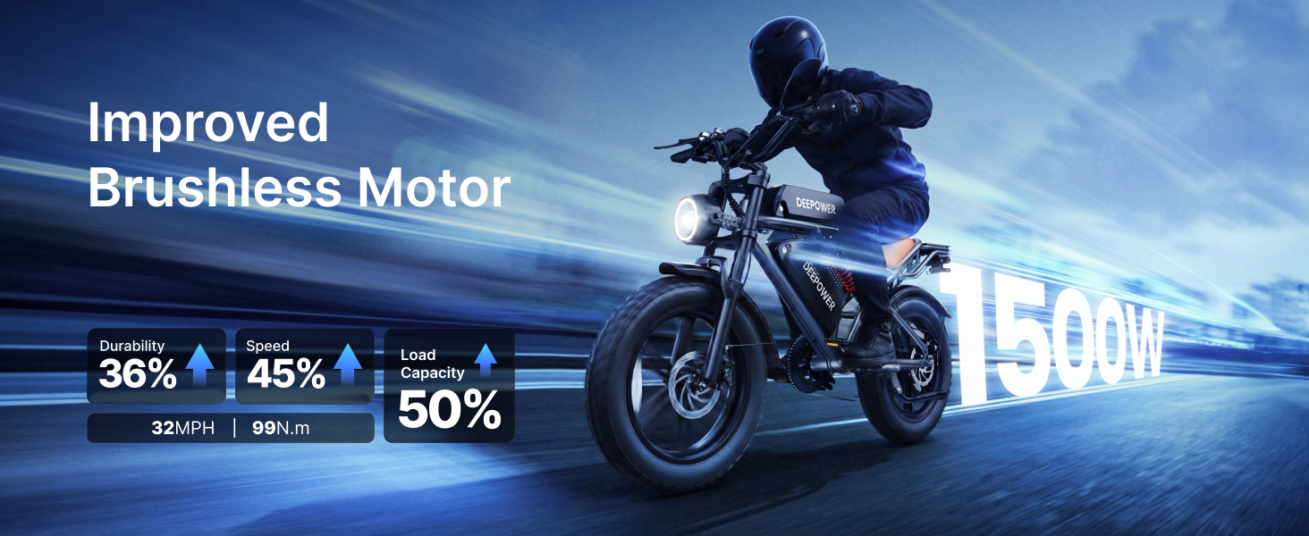Electric motorcycle with improved brushless motor, specs and brand visible on road