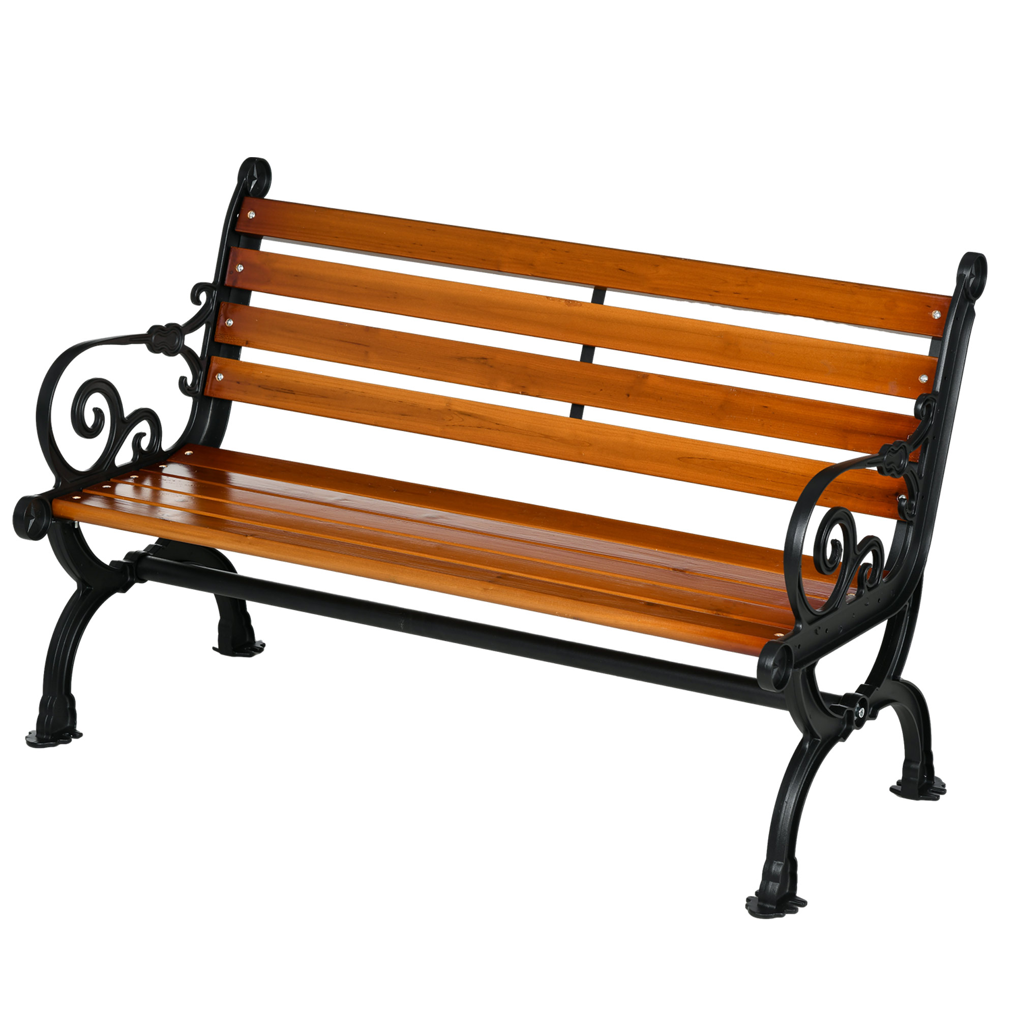 Outsunny Tuinbank voor 2 personen, decoratieve armleuningen, voor tuin en terras, gietaluminium + natuurlijk hout, 120 x 64 x 79 cm, teak