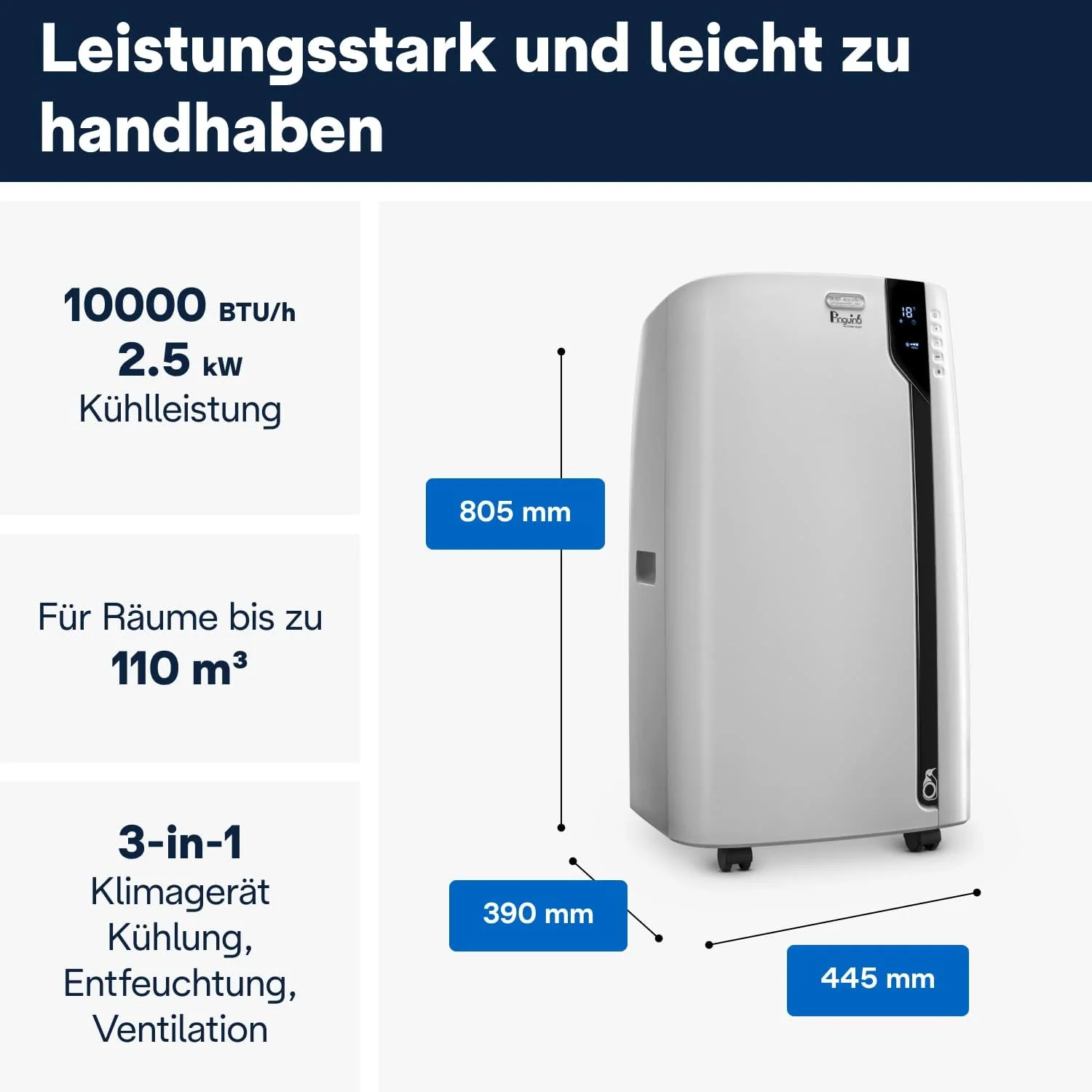 De'Longhi Pinguino PAC EX100 Silent mobil légkondicionáló elszívócsővel, légkondicionáló 110 m³-es helyiségekhez, párátlanító, ventiláció funkció, 24 órás időzítő, fehér