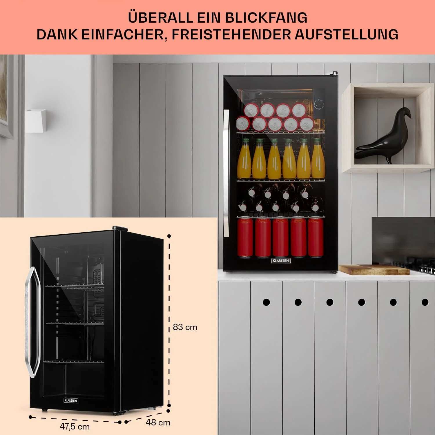 Klarstein Mini Koelkast met Glazen Deur voor Kamer, Drankenkoelkast met Verstelbare Planken, Klein 80 Liter, Indoor/Outdoor Koelkast Stil