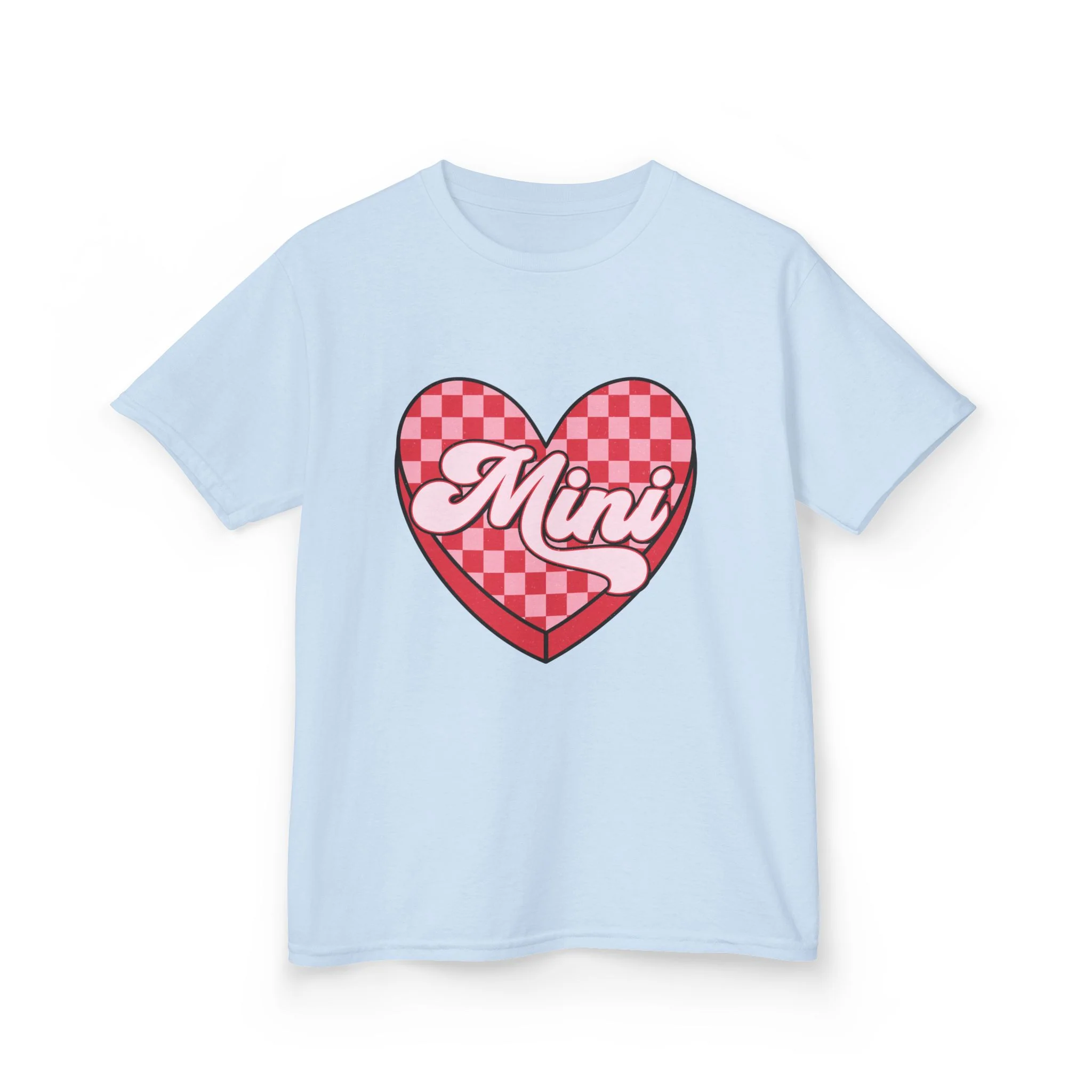 Mini Heart Checkerboard Kids Tee | Pink Retro Script