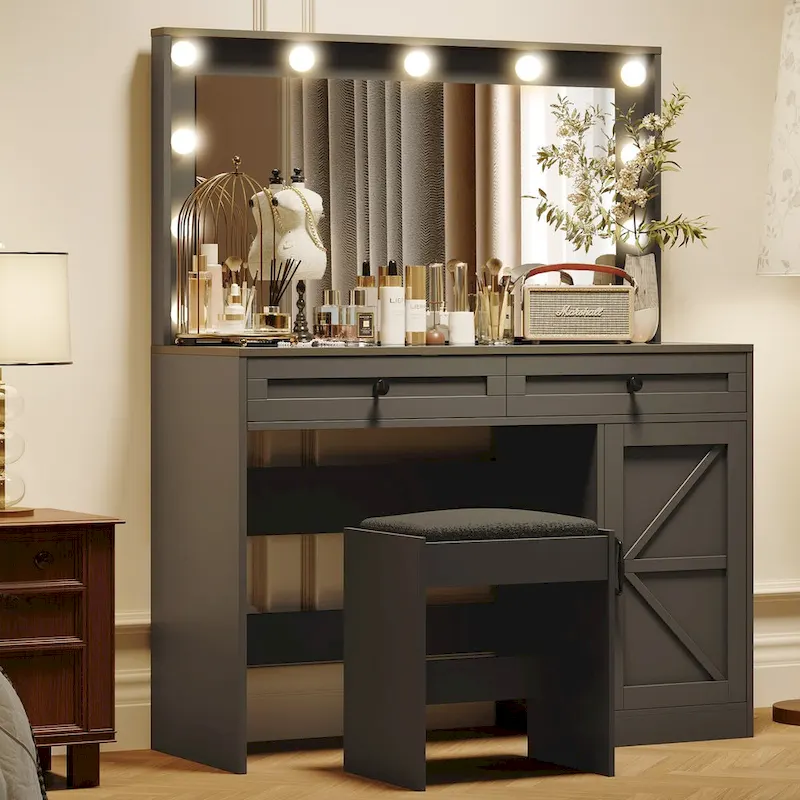 Roomfitters Farmhouse Makeup Vanity with Lights, Vanity Desk with Barn Door, 2 Drawers Makeup Table with Lighted Mirror