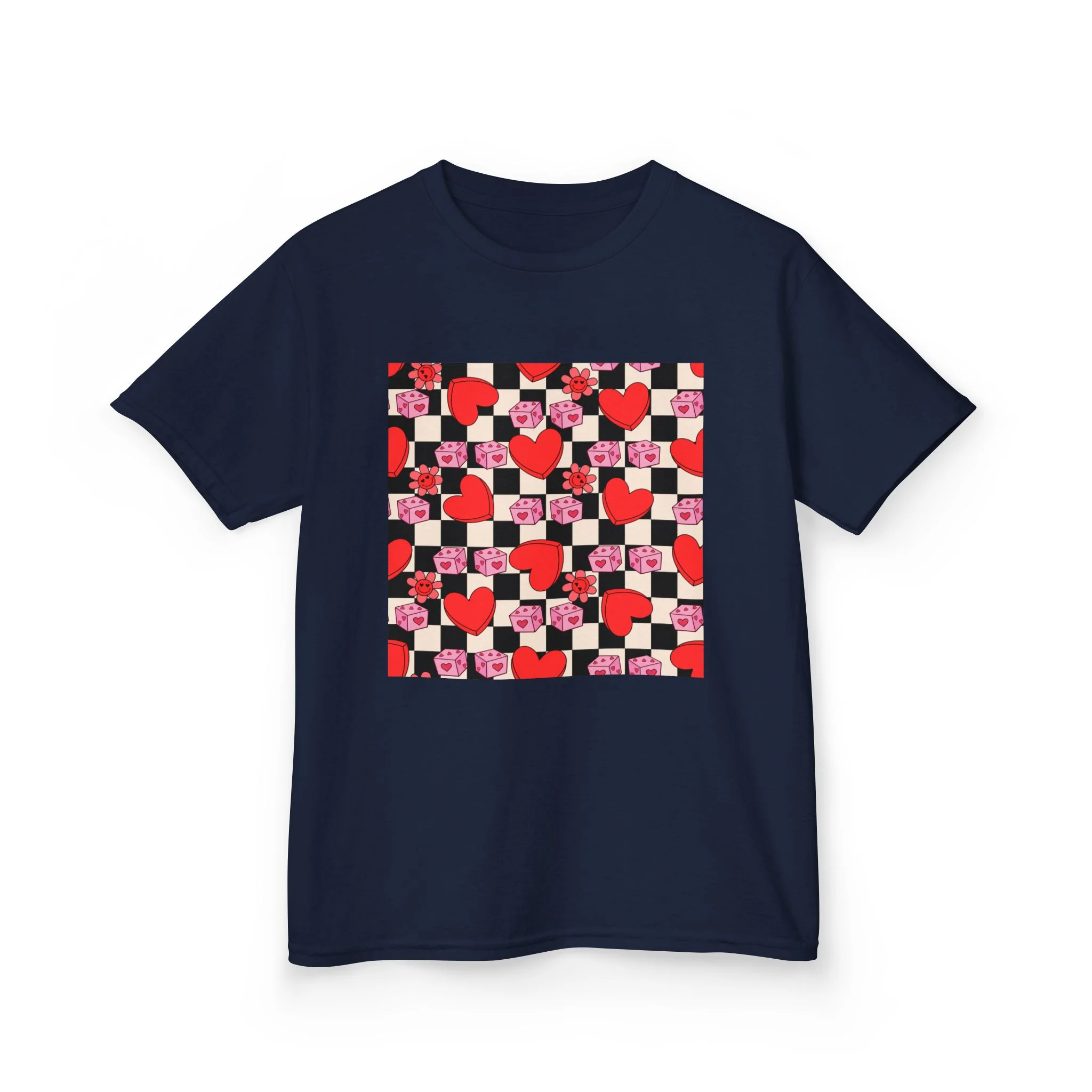 Checkerboard Hearts Kids Tee | Red Pink Black Heart Pattern