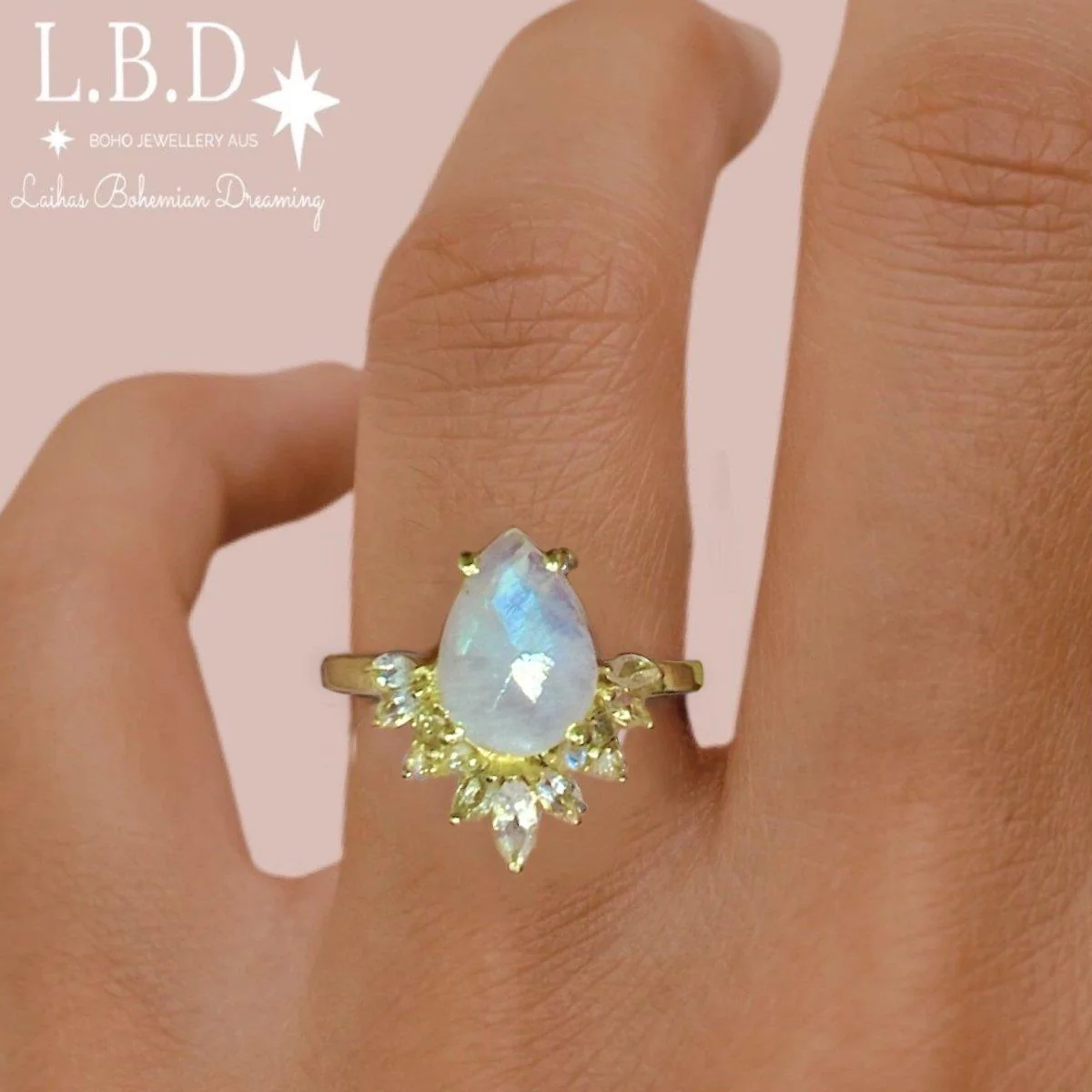 Laihas Tearing Empress Gold Crystal Topaz and Moonstone Ring