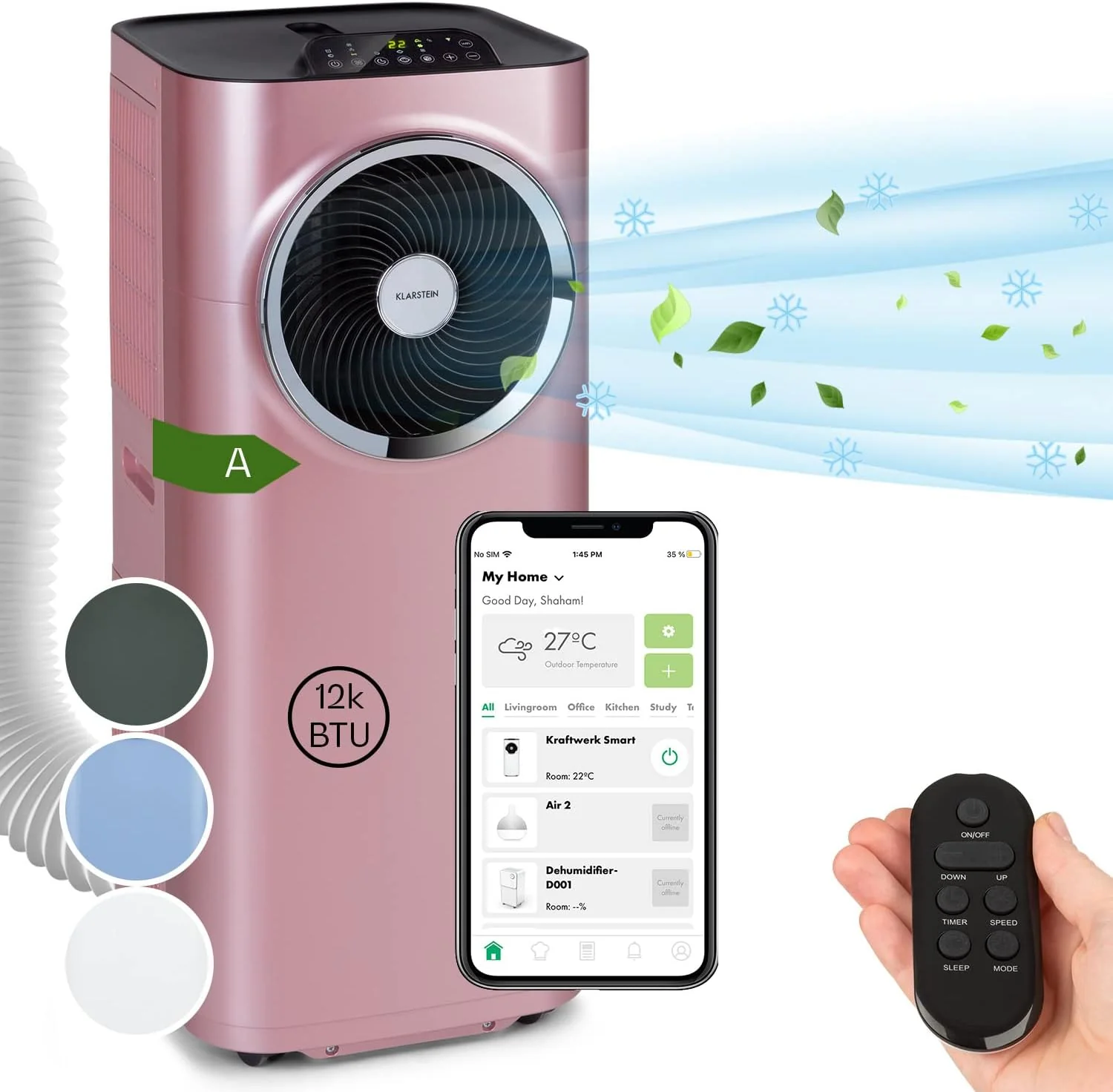 Klarstein Mobile Klimaanlage mit Abluftschlauch, 5-in-1 Klimager?t, Ventilator, Luftentfeuchter, Luftreiniger & Nachtmodus, App-Steuerung, Kleine & Portable, f��r Wohnung & B��ro, 12000 BTU