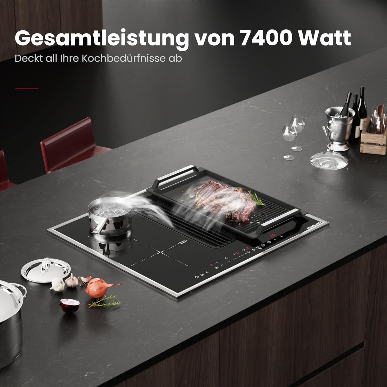 GASLAND IH604BFRB Piano cottura a induzione da 60 cm autonomo con cappa integrata, 4 zone di cottura a induzione con cornice in acciaio inox, PowerBoost, 7400W (senza piastra per grigliate)