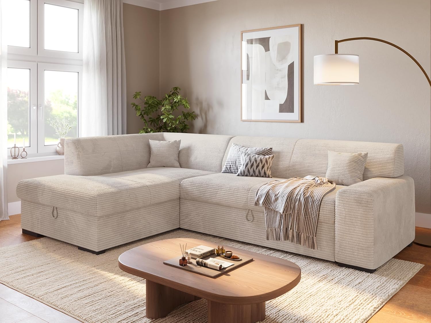 BROMARKT Ecksofa mit Schlaffunktion 260 cm L Form Vanille Links Seite Couch Sofa mit Bettkasten Schlafcouch Schalsofa 3 sitzer Eckcouch Sofabett Wohnlandschaft Cordstoff