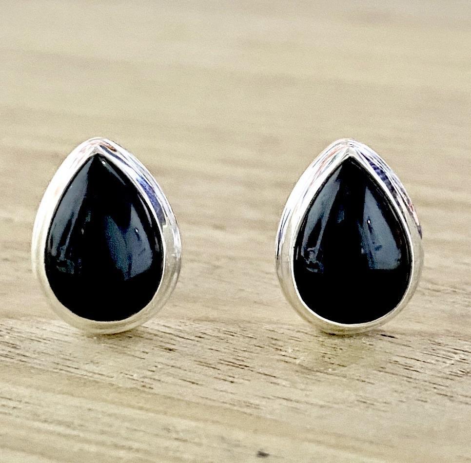 Laihas Handcrafted Raindrop XLarge Black Agate Earrings - Simple studs