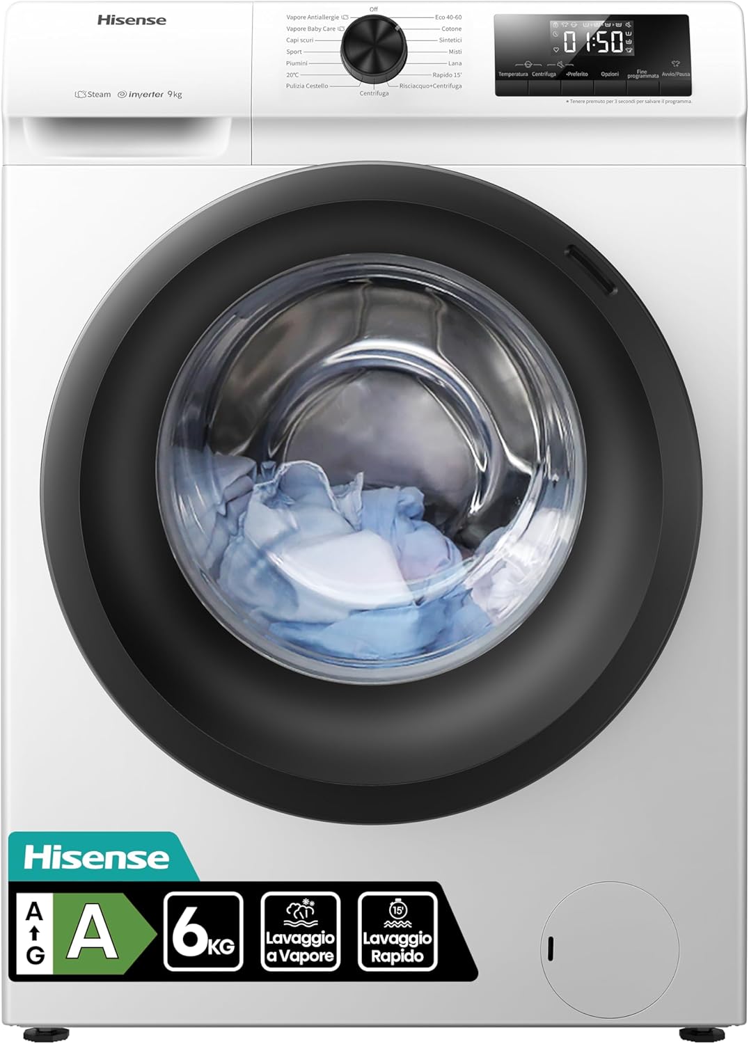 Hisense WFQE6012EVM Slim Front Load Washing Machine, 6 kg, Class A, 1200 RPM, Steam, Inverter Motor