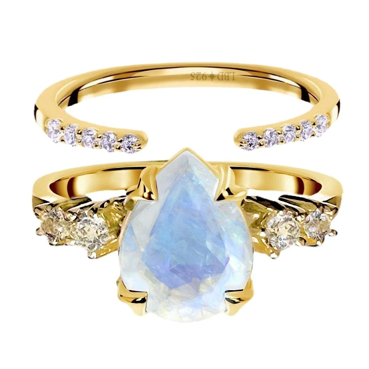Gold Moonstone Ring Set- Gold Mystical Moonstone and Topaz Ring Set