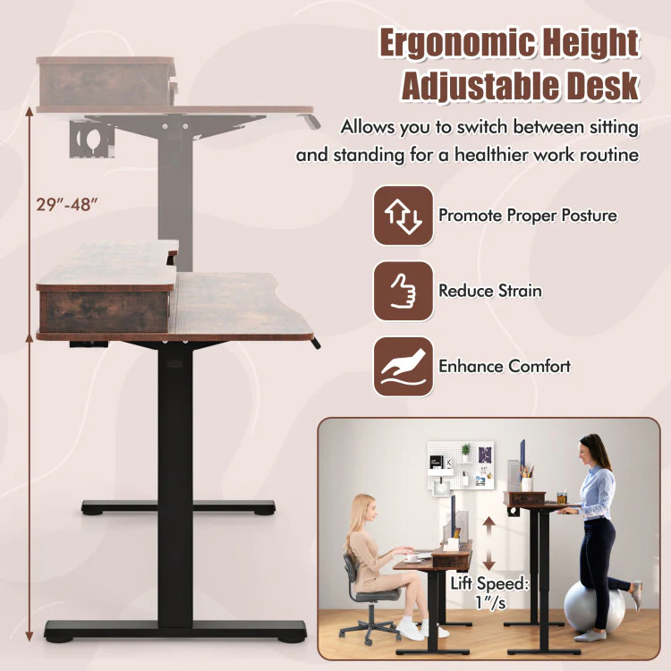 Electric Standing Desk with 2 Drawers, 3 Memory Positions, 63
