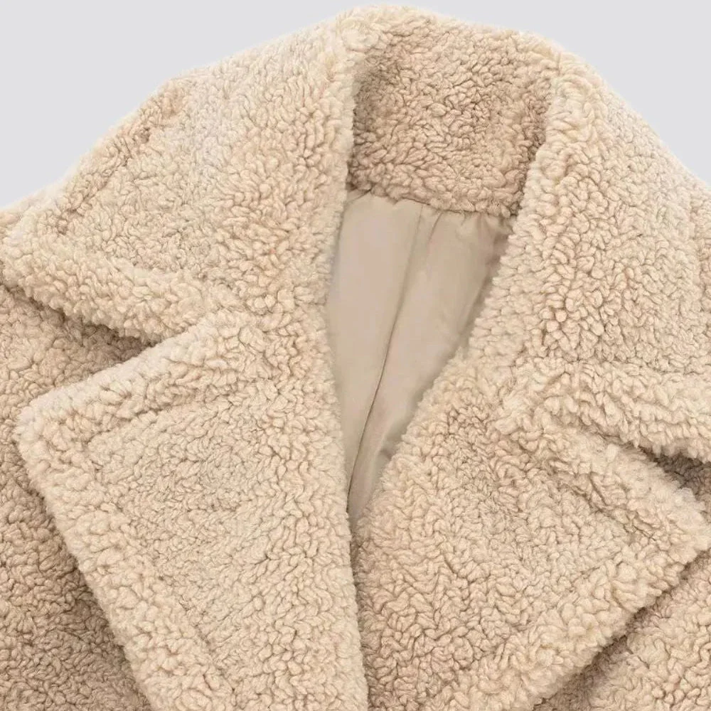 Women��s Long Teddy Coat Double-Breasted Faux Fur Style
