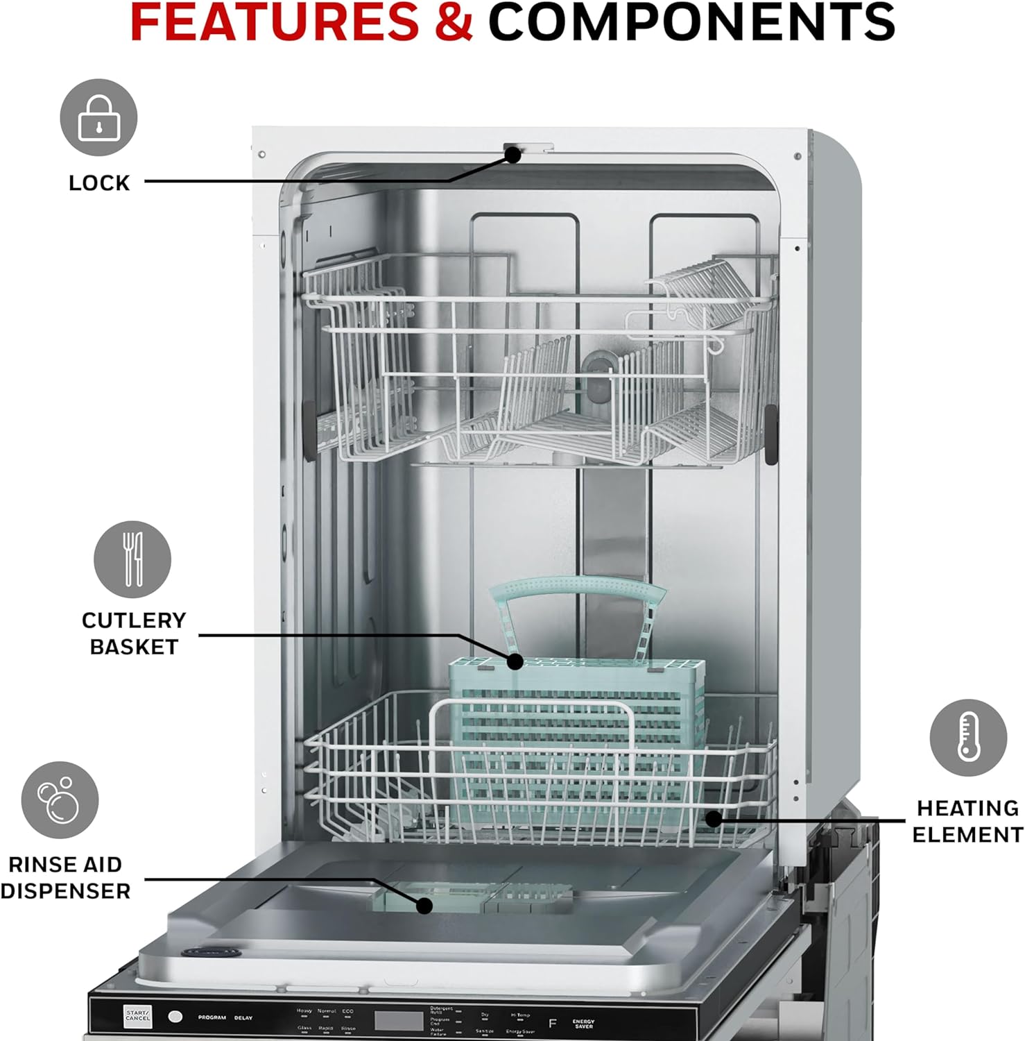 Honeywell 18 Inch Dishwasher with 8 Place settings, 6 Washing Programs, Stainless Steel Tub, UL/Energy Star  Stainless Steel
