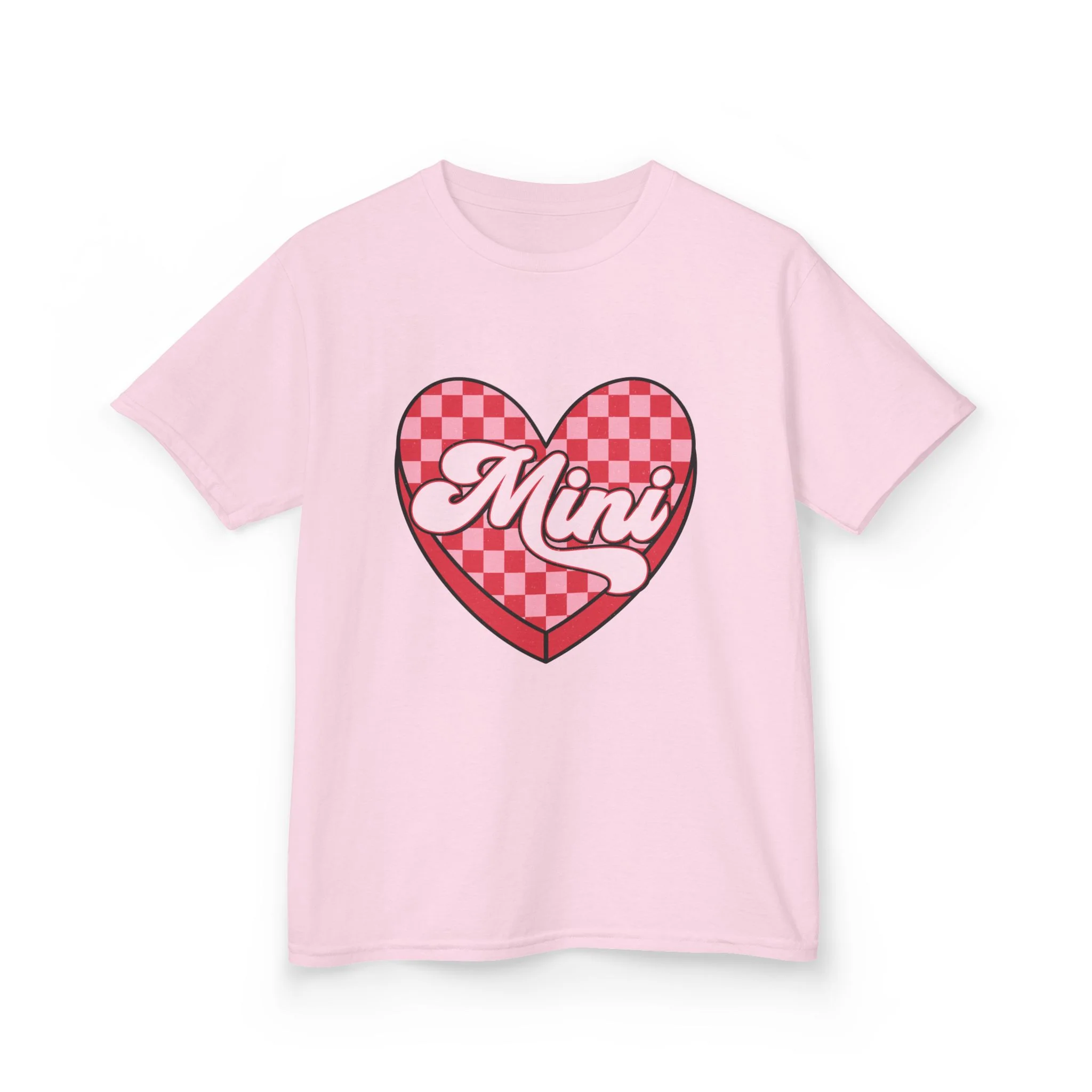Mini Heart Checkerboard Kids Tee | Pink Retro Script