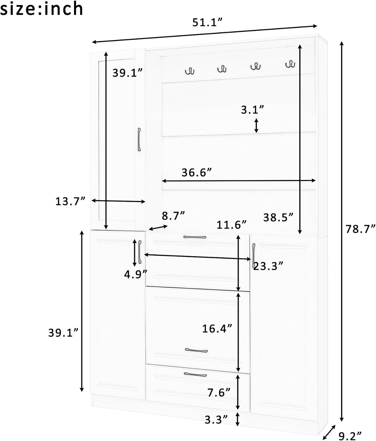 51.1''Hall Tree, Entryway Bench with Integrated Shoe Cabinet,3-in-1 Design, Mirrored Cabinet Door and Foldable Seat for Entrance, Living Room