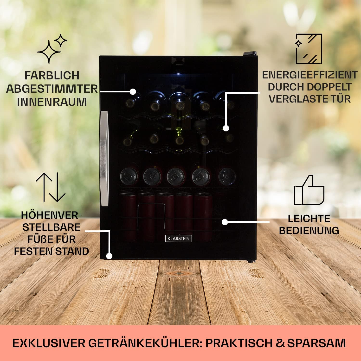 Klarstein Mini Koelkast met Glazen Deur voor Kamer, Drankenkoelkast met Verstelbare Planken, Klein 80 Liter, Indoor/Outdoor Koelkast Stil