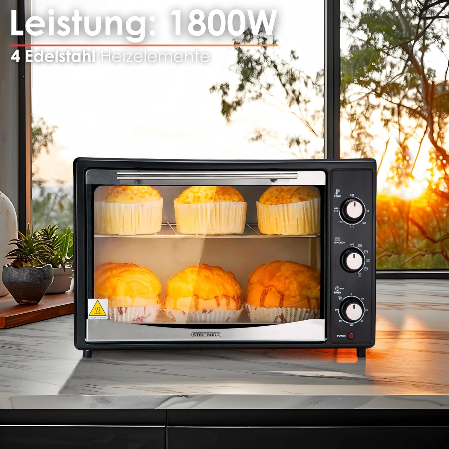Mini Backofen 45 Liter mit Umluft | Elektrischer Drehspieß | 1800 Watt | Umluft Ofen | Pizzaofen | Innenbeleuchtung | Inkl. Backblech und Grillrost | Minibackofen | Kleiner Backofen | Miniofen