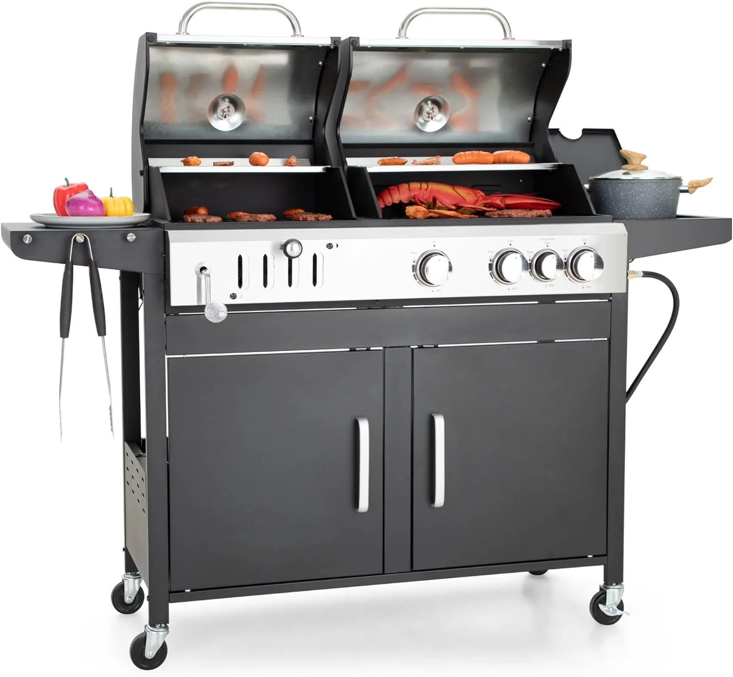 Captiva Designs propángázos és faszenes grill kombó oldalsó égővel és porcelán zománcozott öntöttvas rostéllyal, kétfunkciós BBQ grill szabadtéri eseményekhez és kerti grillezéshez, 690 SQIN főzőfelület