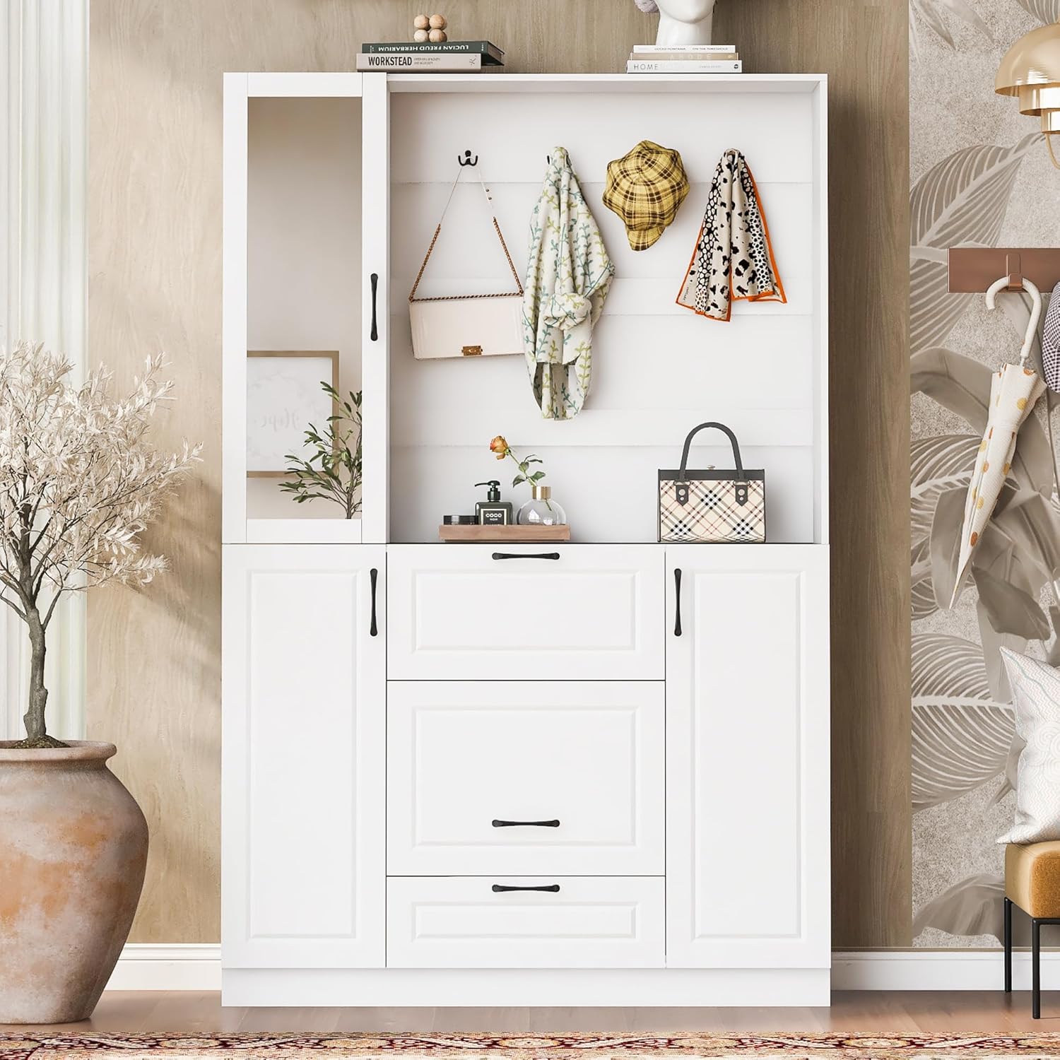 51.1''Hall Tree, Entryway Bench with Integrated Shoe Cabinet,3-in-1 Design, Mirrored Cabinet Door and Foldable Seat for Entrance, Living Room