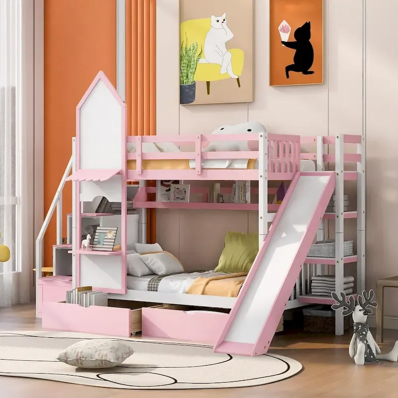 Twin-Over-Twin Castle Style Bunk Bed with Drawers,Shelves,Slide