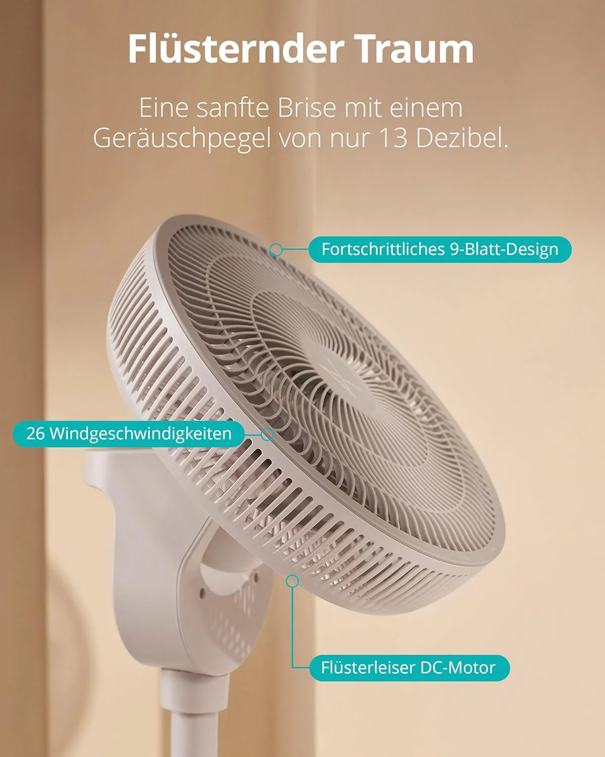 Duux Whisper 2 álló ventilátor csendes - energiatakarékos DC motor 26 sebességfokozattal - állítható magasságú ventilátor (73-95 cm) - vízszintes + függőleges oszcilláció - fehér