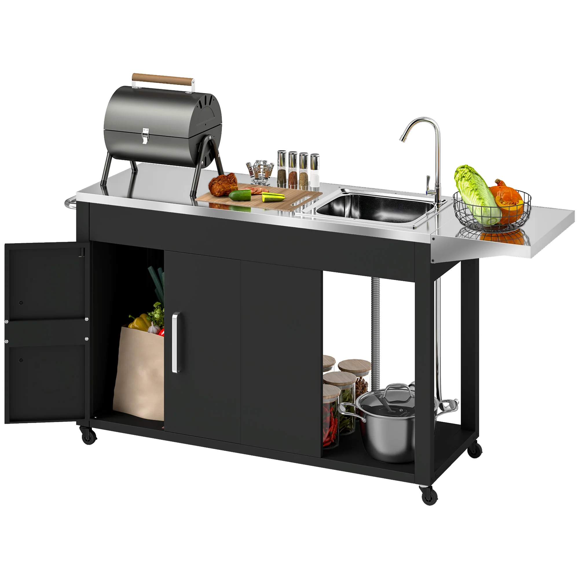 Outsunny Grillwagen Serveerwagen met Werkblad, Uitklapbare Zijplank, Kast, Spoelbak, Wielen, Roestvrij Staal 162,5x47x87cm Zwart