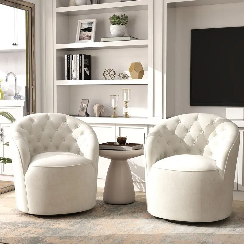 Velvet Upholstered 360 Degree Swivel Barrel Chair with Button Tufted Back