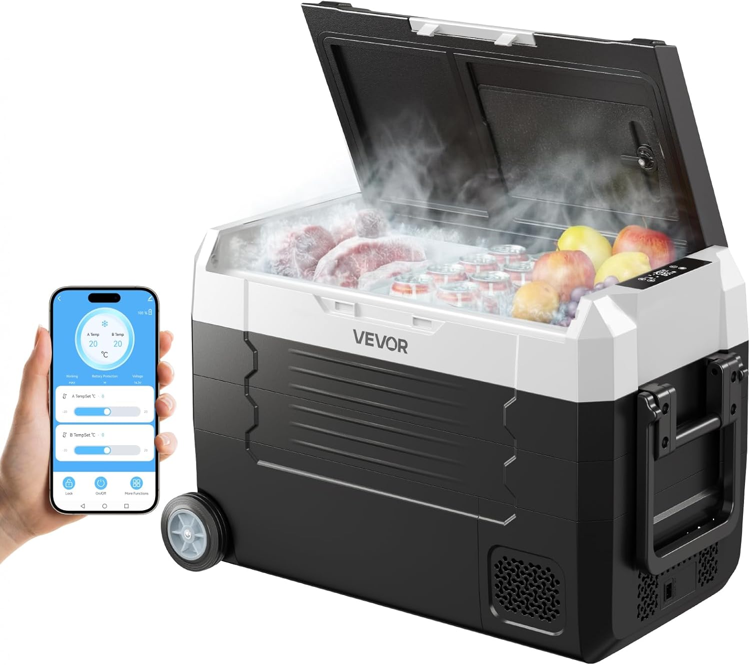 VEVOR Frigorifero Portatile a Compressore da Auto CC 12V/24V CA 100-240V, Frigo Portatile per Campeggio Viaggio Pesca Capienza 35 Litri Contenitore -20 a 20 °C Doppia Zona con Ruote Controllo APP