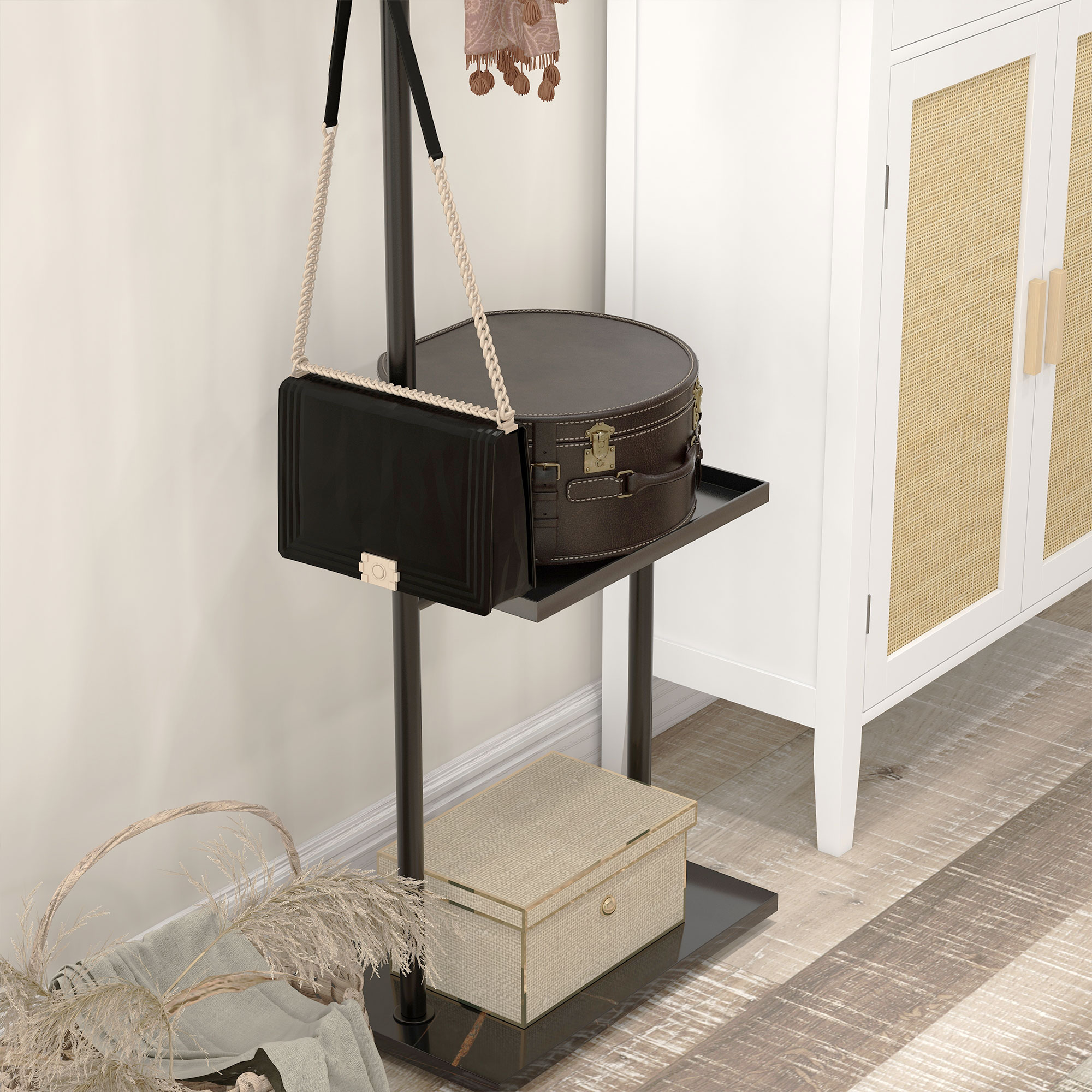 HOMCOM Kapstok met Kledingstang, 3 Haken, Opbergvak, Kunststeen Basis, Zwart